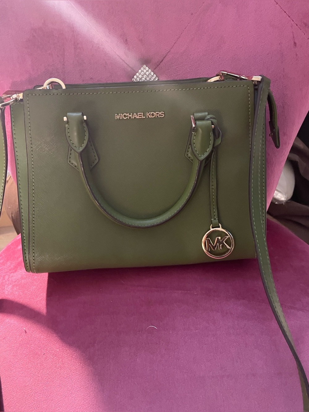 Michael Kors Collection Green Leather Shoulder Bag with Beige Interior